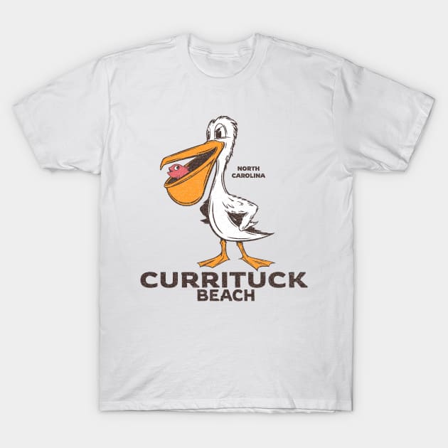 Currituck Beach, NC Summertime Vacationing Pelican & Fish T-Shirt by Contentarama